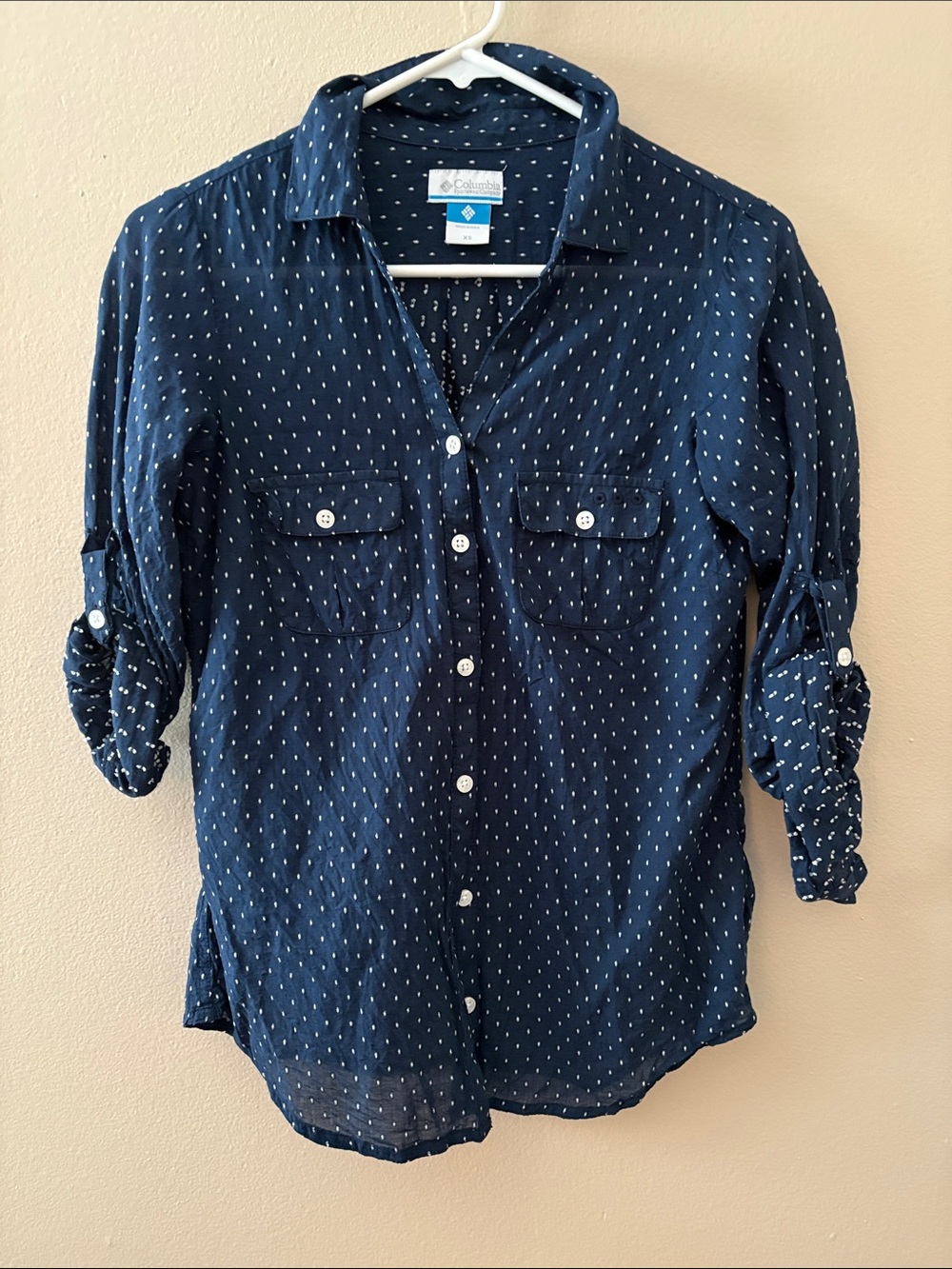 Columbia PFG XS Navy Blue Dot-Print Roll-Sleeve Outdoor Sun Shirt